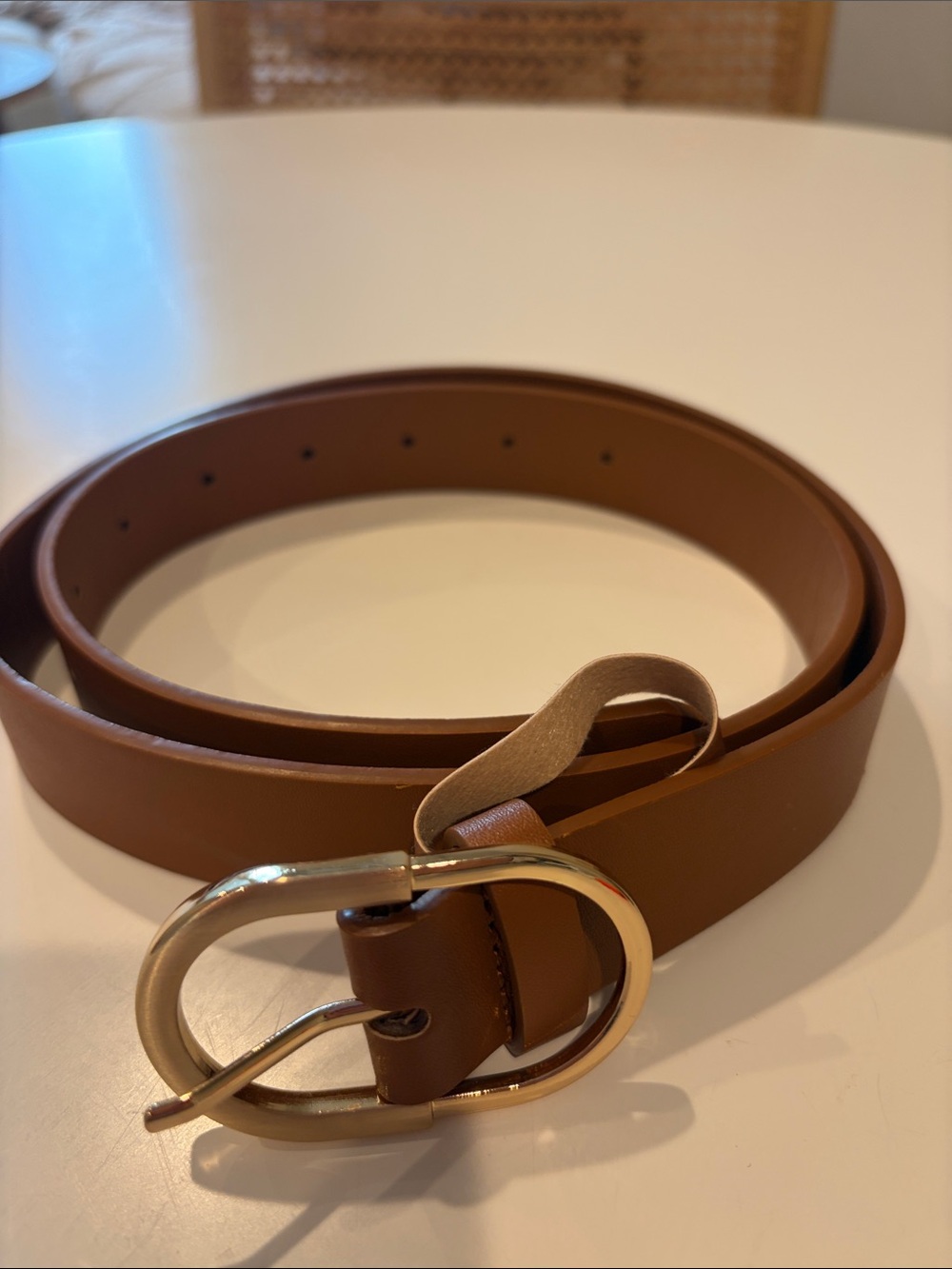 Women's Tan Leather Belt with Gold Oval Buckle